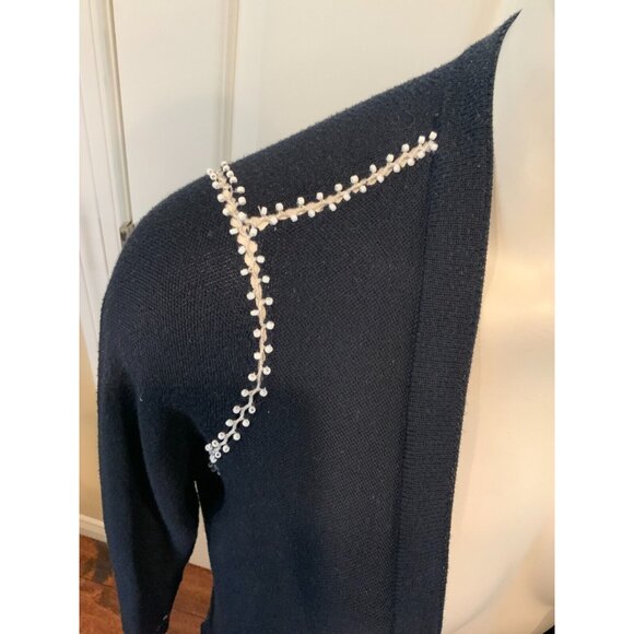 St. John Navy Blue Wool Long Cardigan w/ Hand Beaded Accent, Size Small - Picture 4 of 8